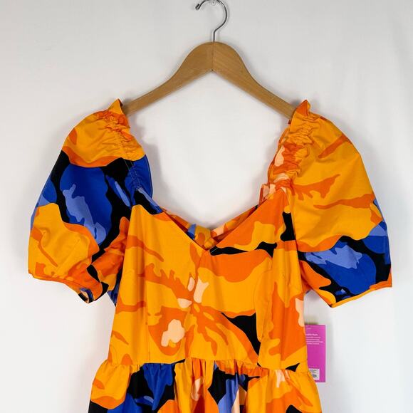 Tabitha Brown for Target Women's Puff Sleeve Tie Back Dress Size 14 Orange Blue - Picture 4 of 15